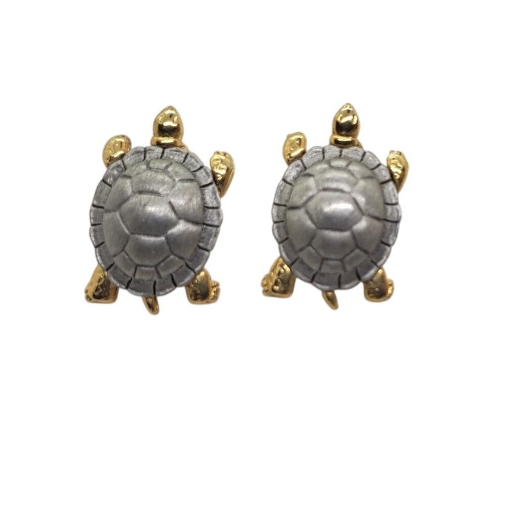 Vintage 3D Turtle Stud Earrings Retro JJ Jonette signed Gold and Silver Toned